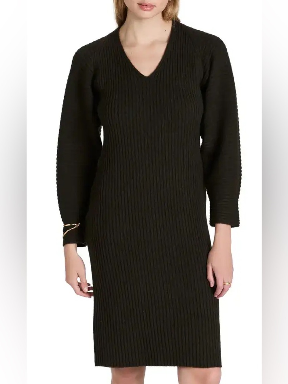 Vince Dark Forest Green/Brown Ribbed V-Neck Wool Yak Sweater Dress Large